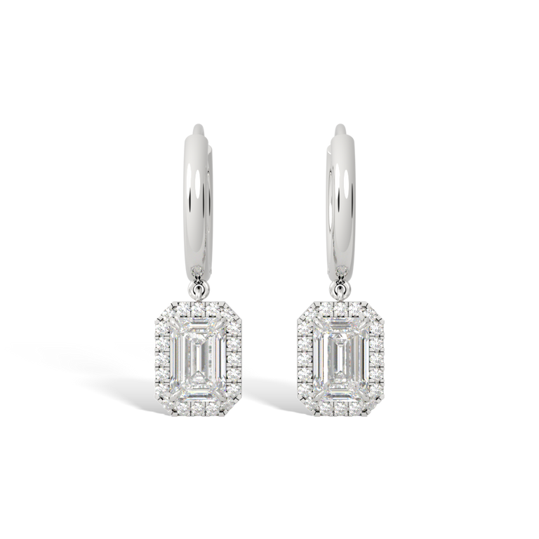 14k Halo Drop Earrings, Emerald, White Gold