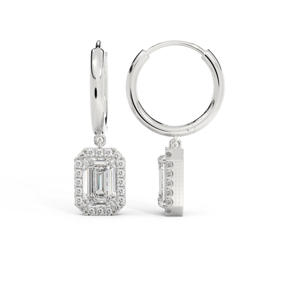 14k Halo Drop Earrings, Emerald, White Gold