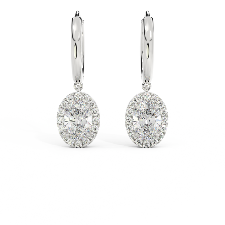 14k Halo Drop Earrings, Oval, White Gold