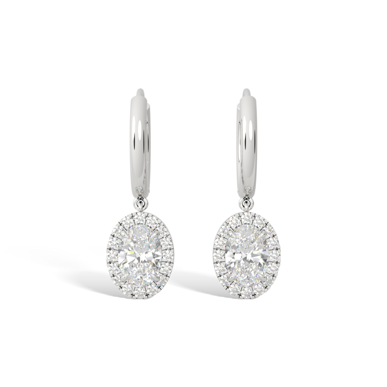14k Halo Drop Earrings, Oval, White Gold