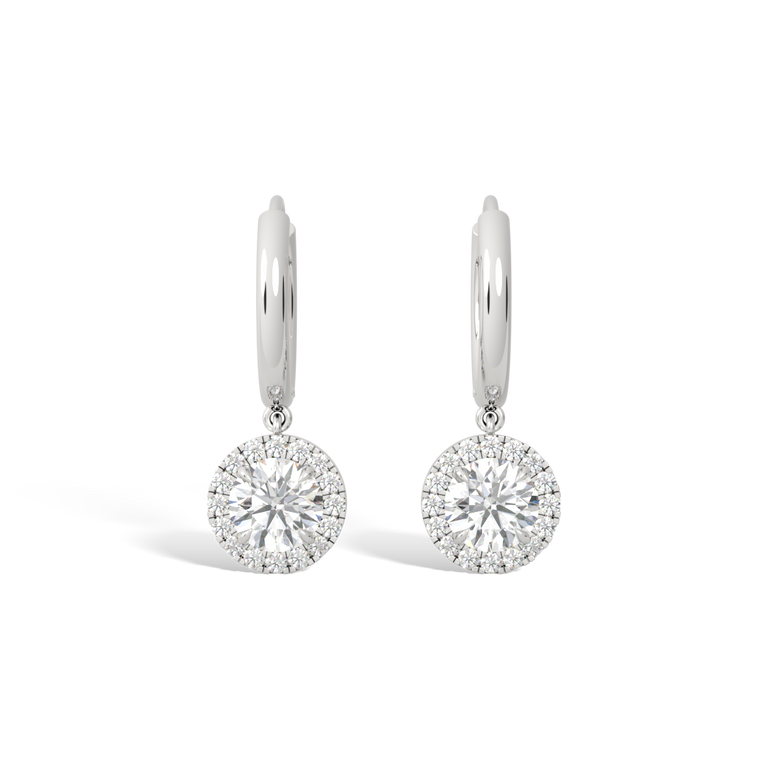 14k Halo Drop Earrings, Round, White Gold