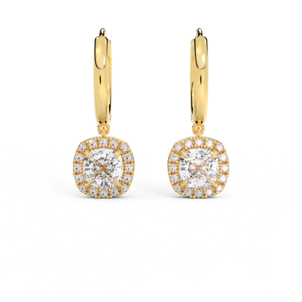 14k Halo Drop Earrings, Cushion, Yellow Gold