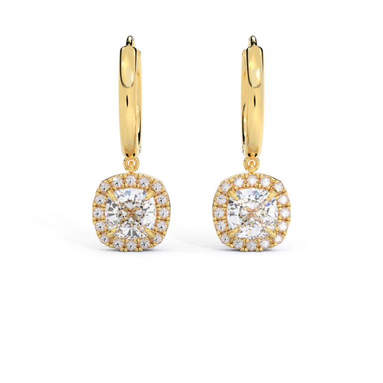 14k Halo Drop Earrings, Cushion, Yellow Gold