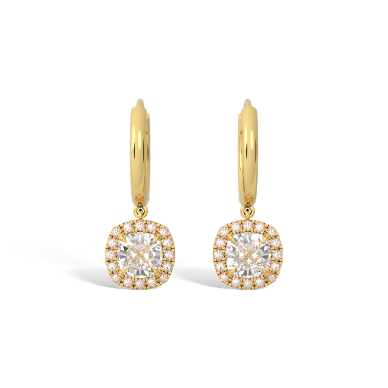 14k Halo Drop Earrings, Cushion, Yellow Gold