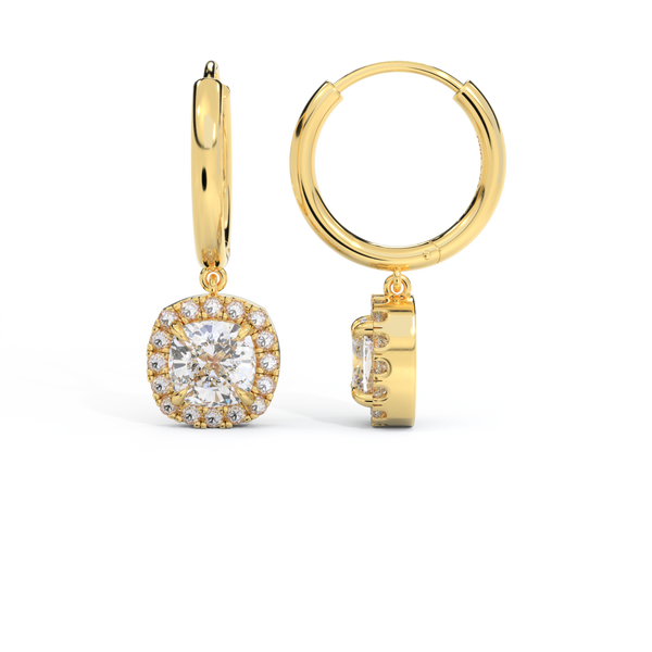 14k Halo Drop Earrings, Cushion, Yellow Gold