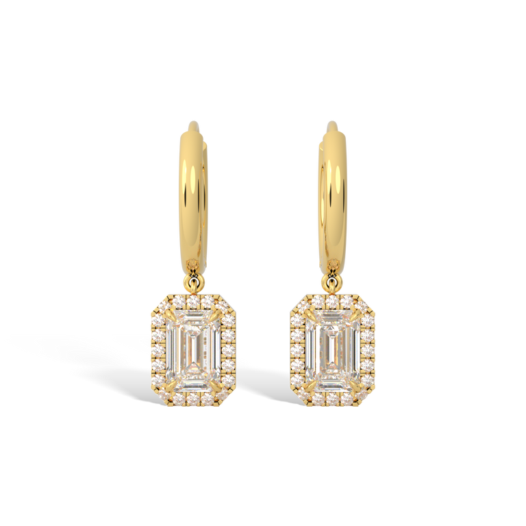 14k Halo Drop Earrings, Emerald, Yellow Gold