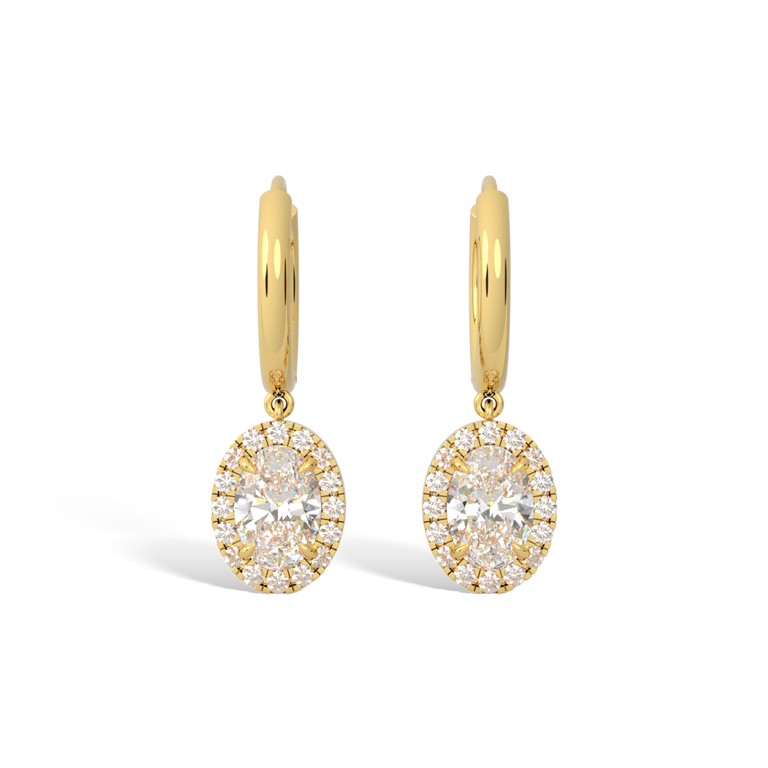 14k Halo Drop Earrings, Oval, Yellow Gold