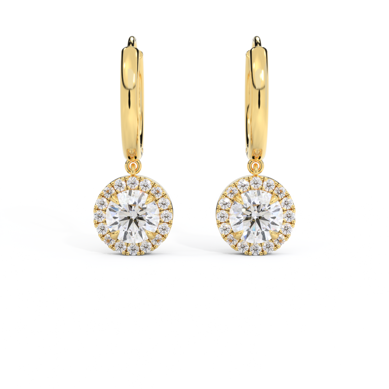 14k Halo Drop Earrings, Round, Yellow Gold
