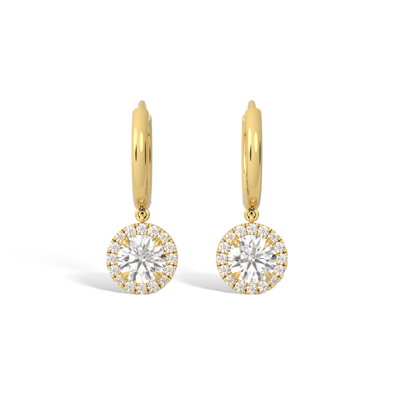 14k Halo Drop Earrings, Round, Yellow Gold