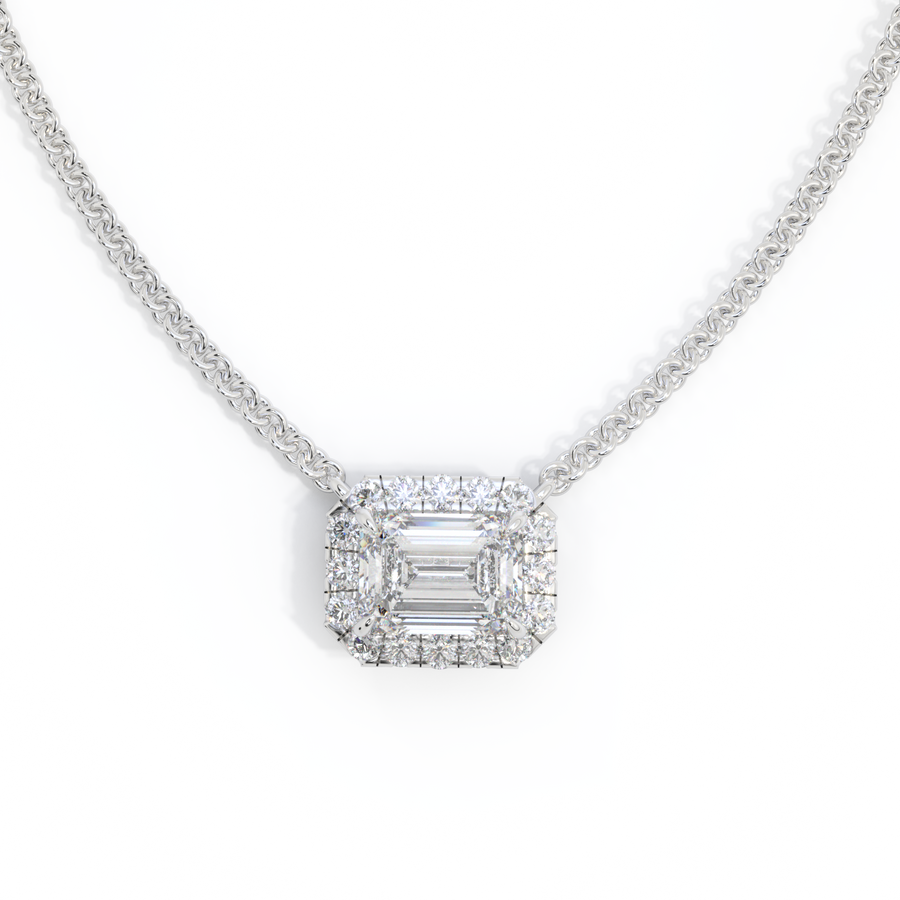 14k Halo Necklace, Emerald, White Gold