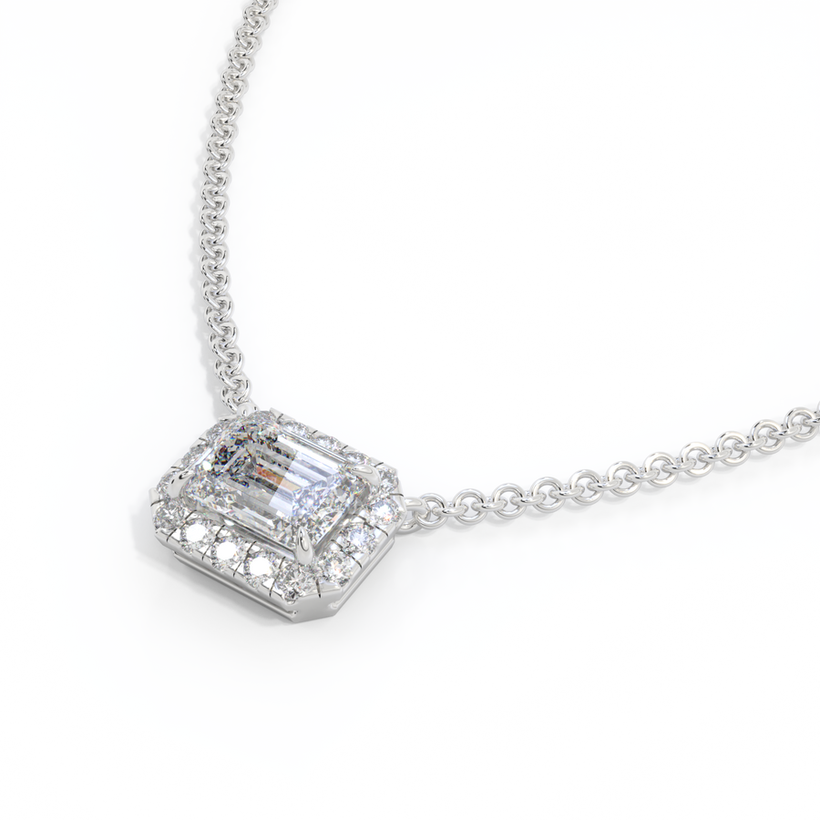 14k Halo Necklace, Emerald, White Gold