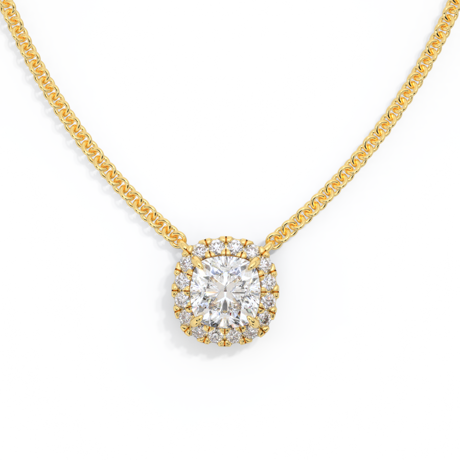 14k Halo Necklace, Cushion, Yellow Gold