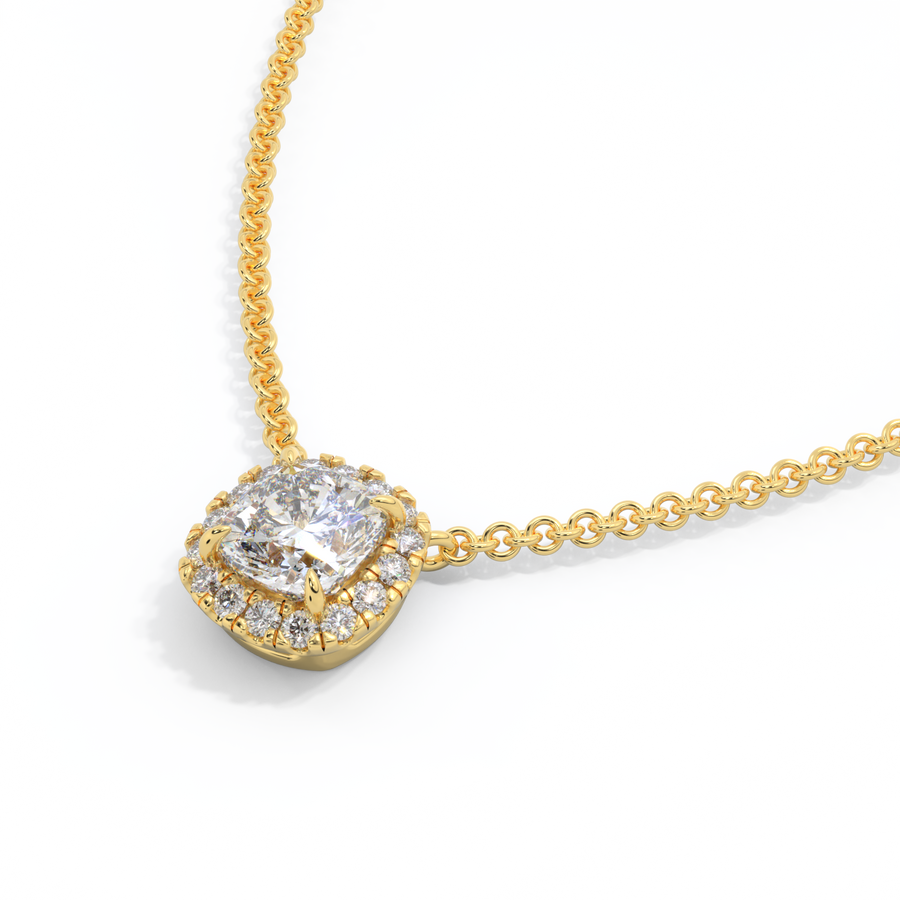 14k Halo Necklace, Cushion, Yellow Gold