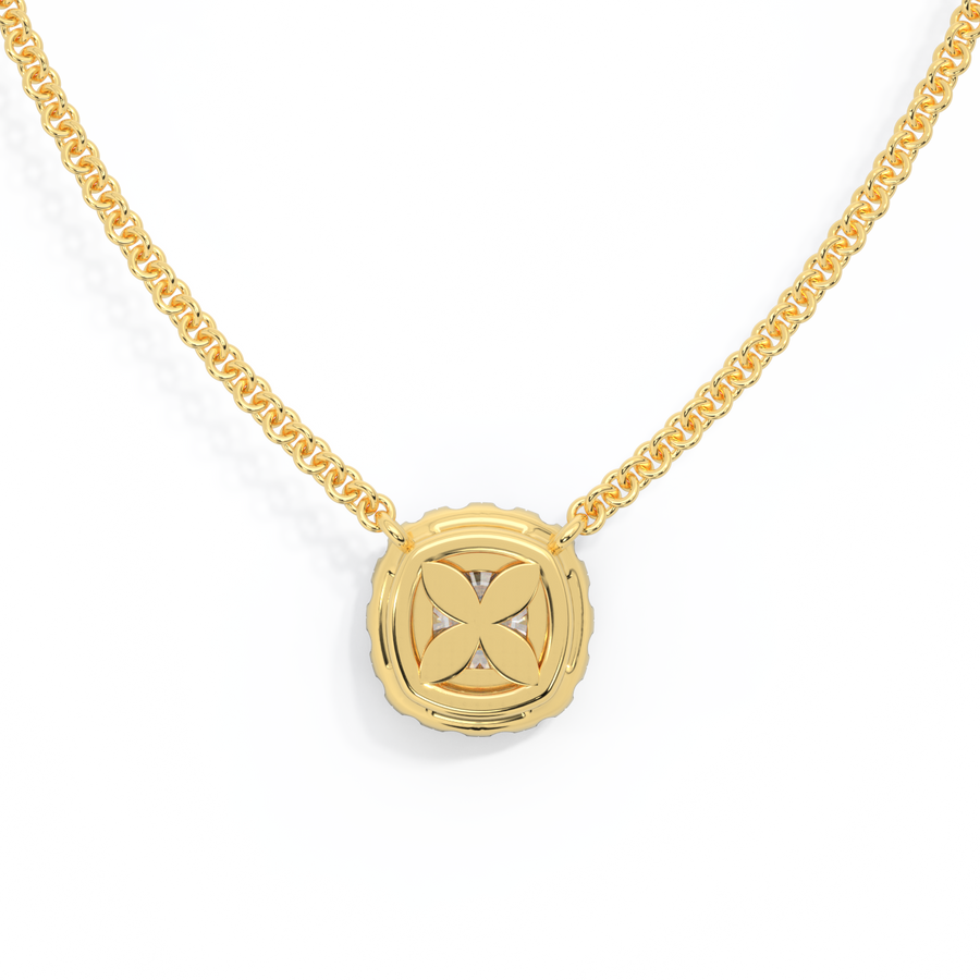 14k Halo Necklace, Cushion, Yellow Gold