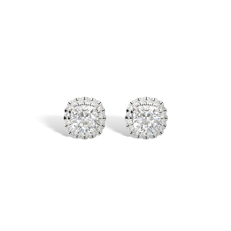 14k Halo Stud Earrings, Cushion, White Gold