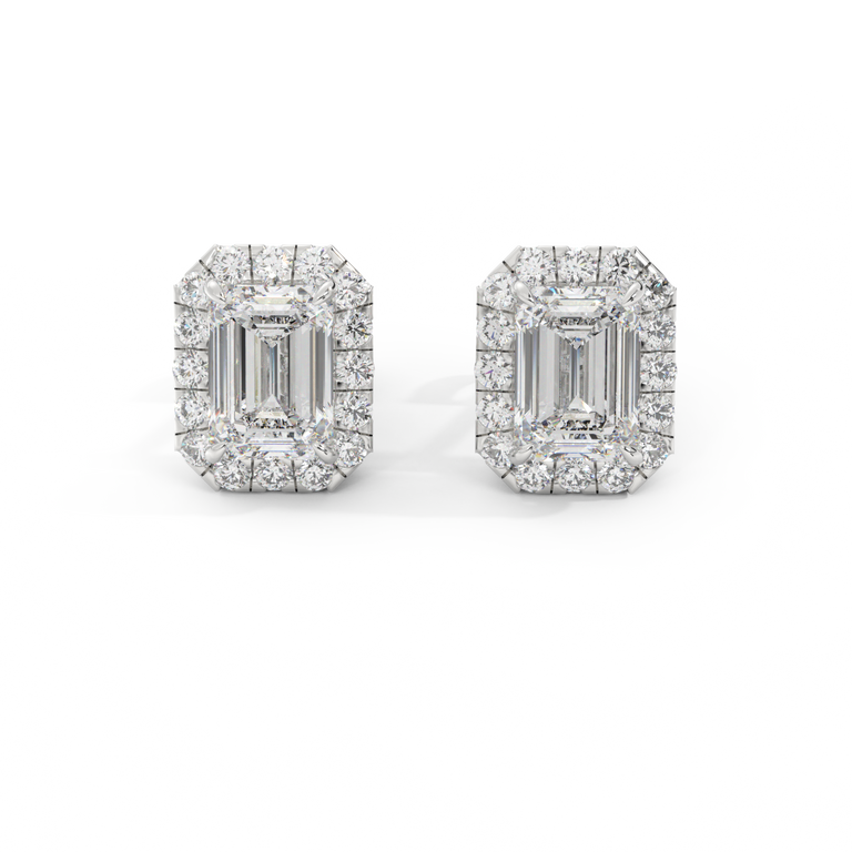 14k Halo Stud Earrings, Emerald, White Gold