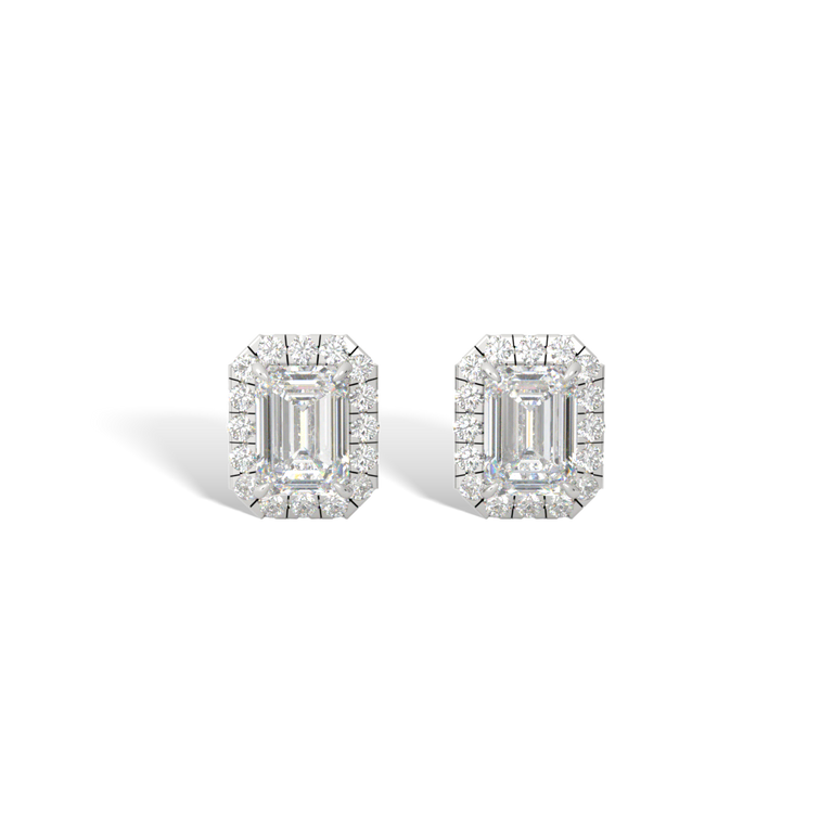 14k Halo Stud Earrings, Emerald, White Gold