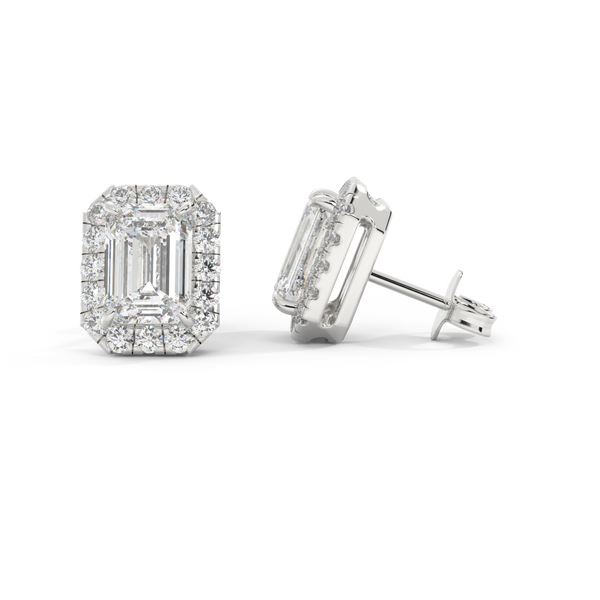 14k Halo Stud Earrings, Emerald, White Gold