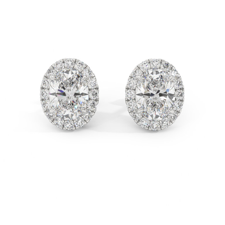 14k Halo Stud Earrings, Oval, White Gold