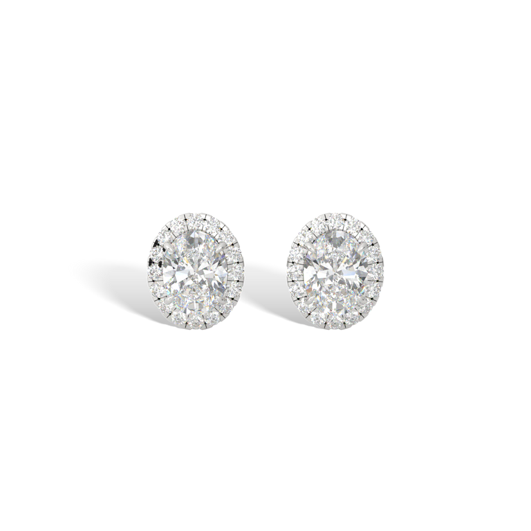 14k Halo Stud Earrings, Oval, White Gold