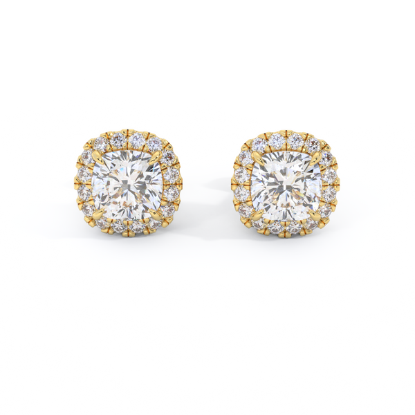 14k Halo Stud Earrings, Cushion, Yellow Gold