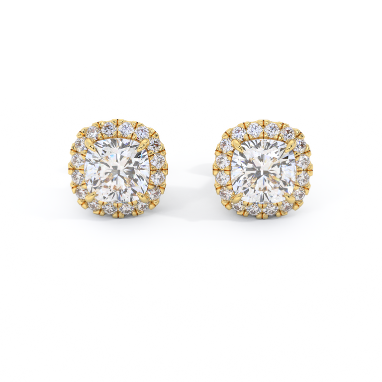 14k Halo Stud Earrings, Cushion, Yellow Gold