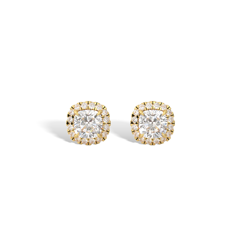 14k Halo Stud Earrings, Cushion, Yellow Gold