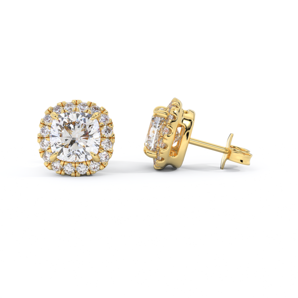14k Halo Stud Earrings, Cushion, Yellow Gold