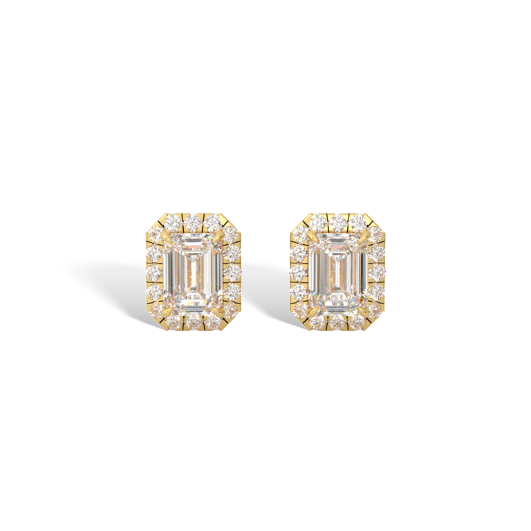 14k Halo Stud Earrings, Emerald, Yellow Gold