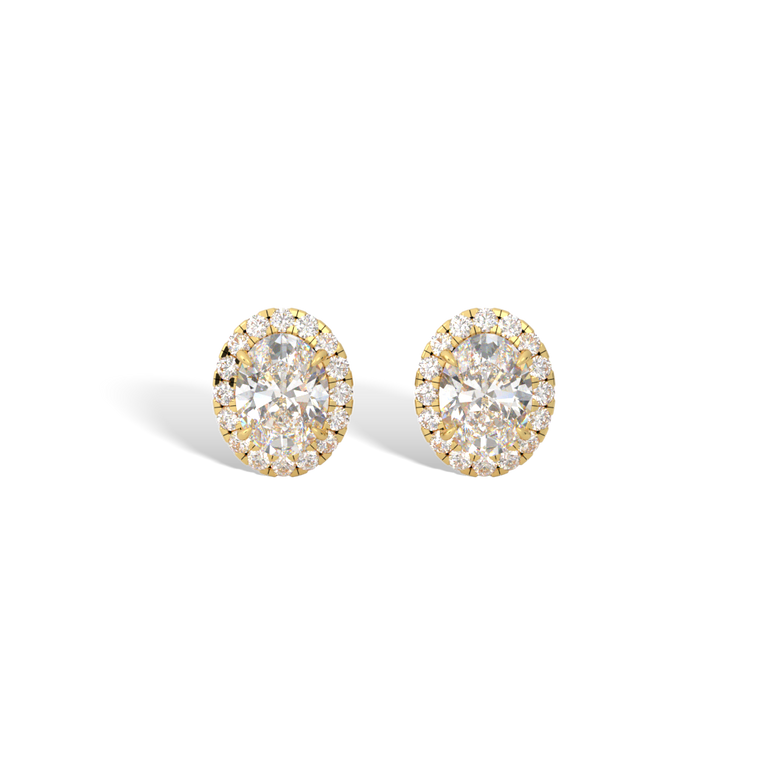 14k Halo Stud Earrings, Oval, Yellow Gold