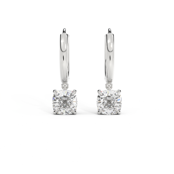 14k Solitaire Drop Earrings, Cushion, White Gold