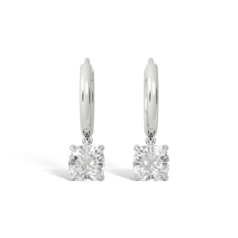 14k Solitaire Drop Earrings, Cushion, White Gold