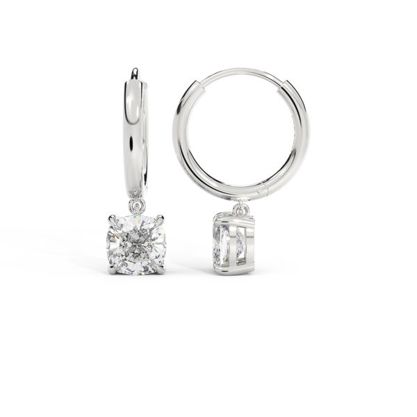 14k Solitaire Drop Earrings, Cushion, White Gold