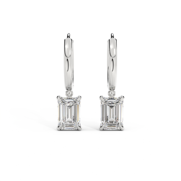 14k Solitaire Drop Earrings, Emerald, White Gold