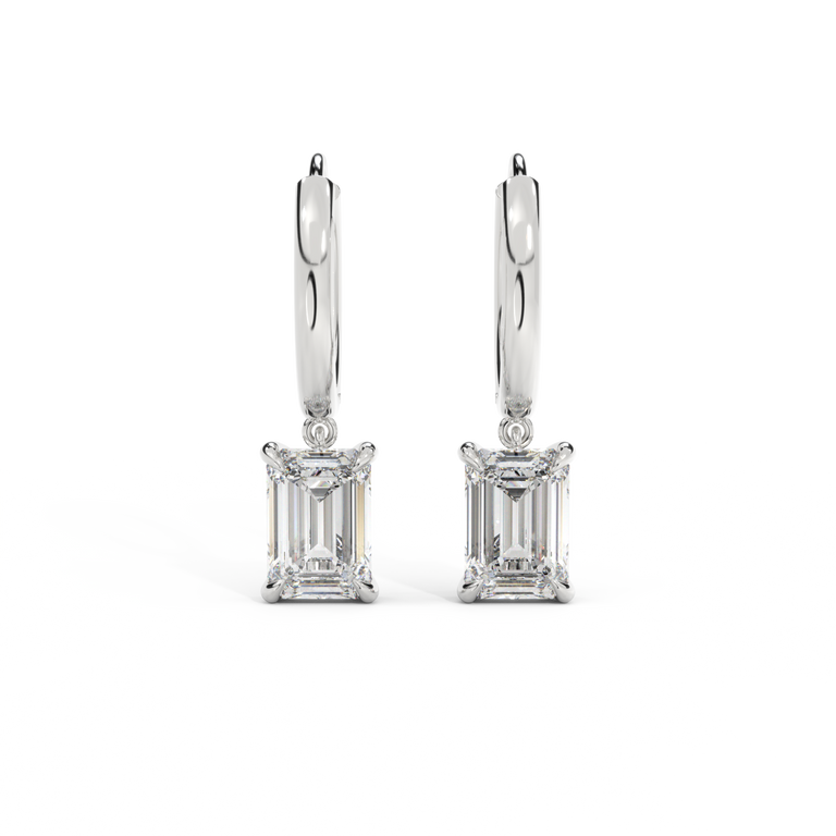 14k Solitaire Drop Earrings, Emerald, White Gold