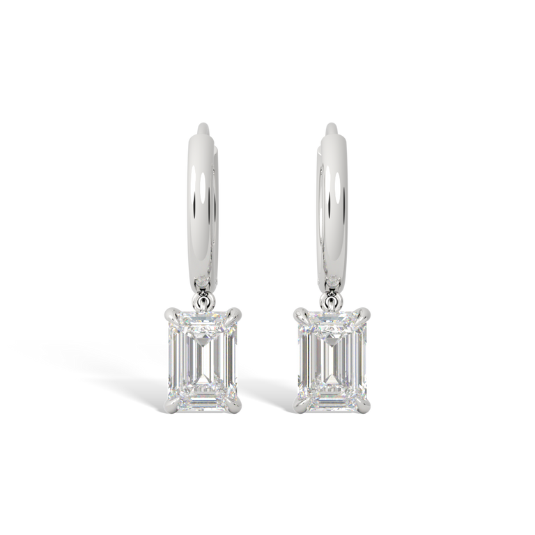 14k Solitaire Drop Earrings, Emerald, White Gold