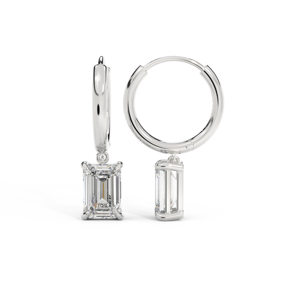 14k Solitaire Drop Earrings, Emerald, White Gold