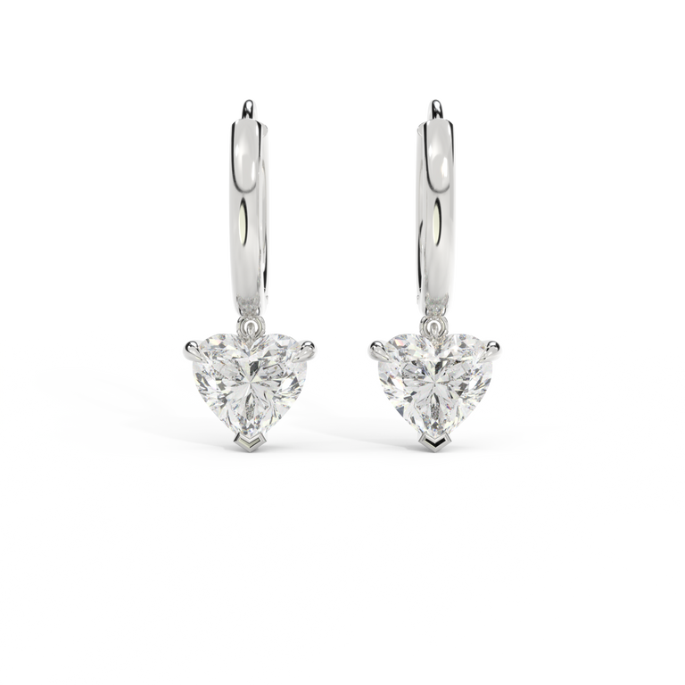 14k Solitaire Drop Earrings, Heart, White Gold