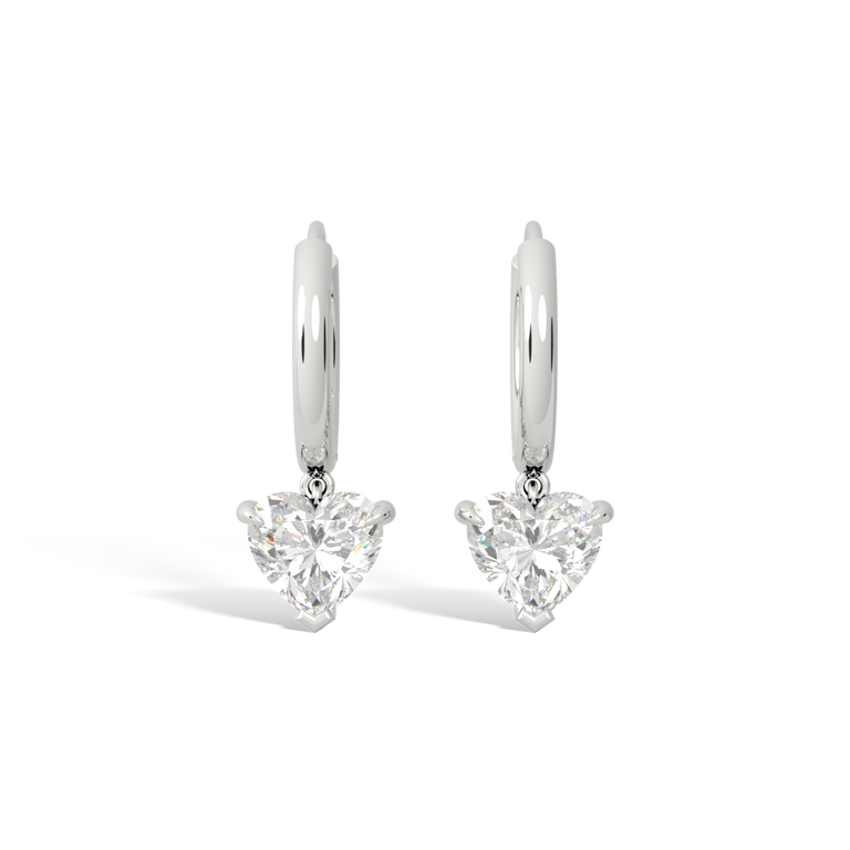 14k Solitaire Drop Earrings, Heart, White Gold