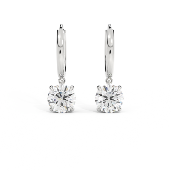 14k Solitaire Drop Earrings, Round, White Gold