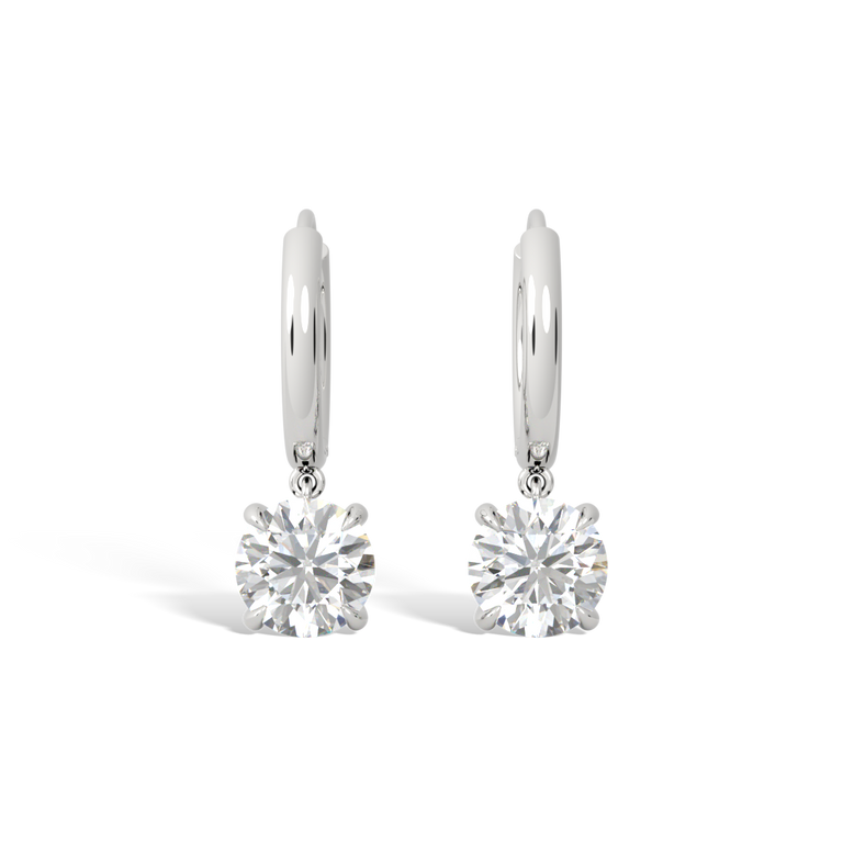14k Solitaire Drop Earrings, Round, White Gold