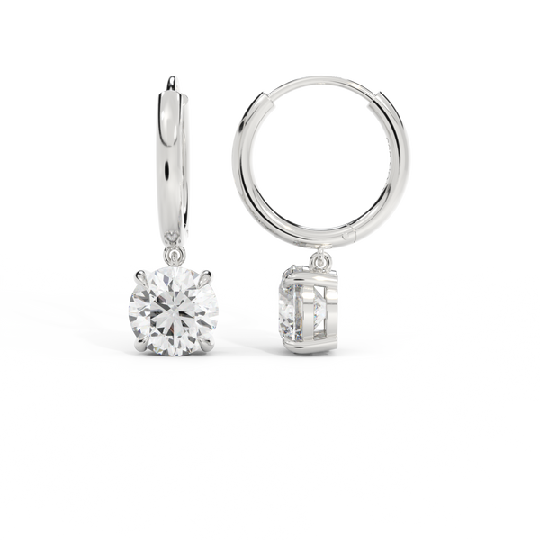14k Solitaire Drop Earrings, Round, White Gold