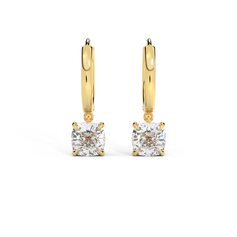 14k Solitaire Drop Earrings, Cushion, Yellow Gold