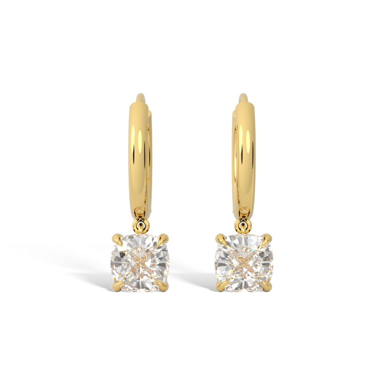 14k Solitaire Drop Earrings, Cushion, Yellow Gold