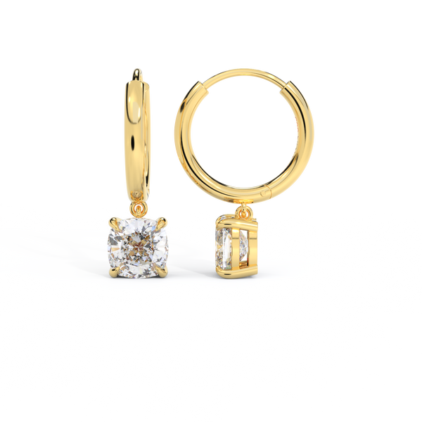 14k Solitaire Drop Earrings, Cushion, Yellow Gold