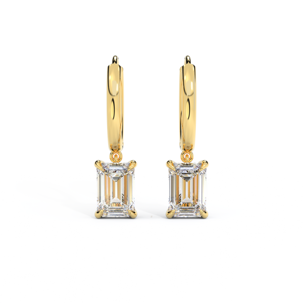 14k Solitaire Drop Earrings, Emerald, Yellow Gold