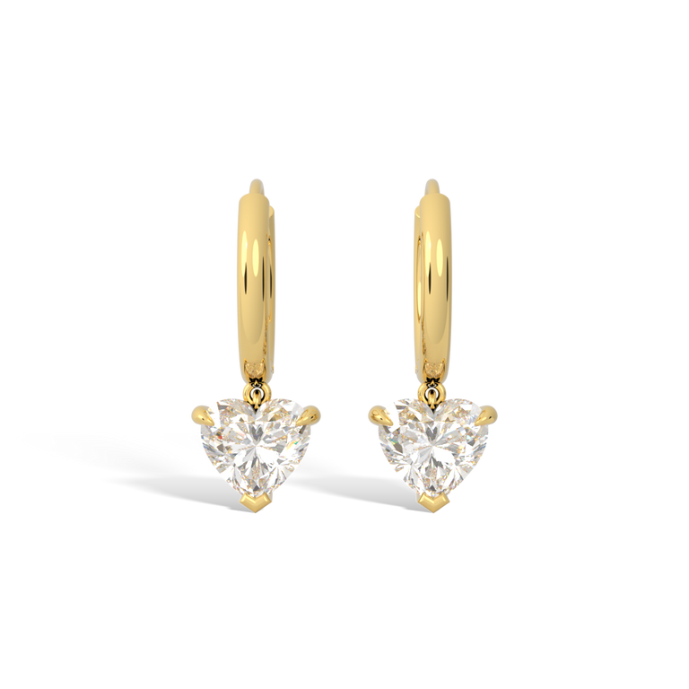 14k Solitaire Drop Earrings, Heart, Yellow Gold
