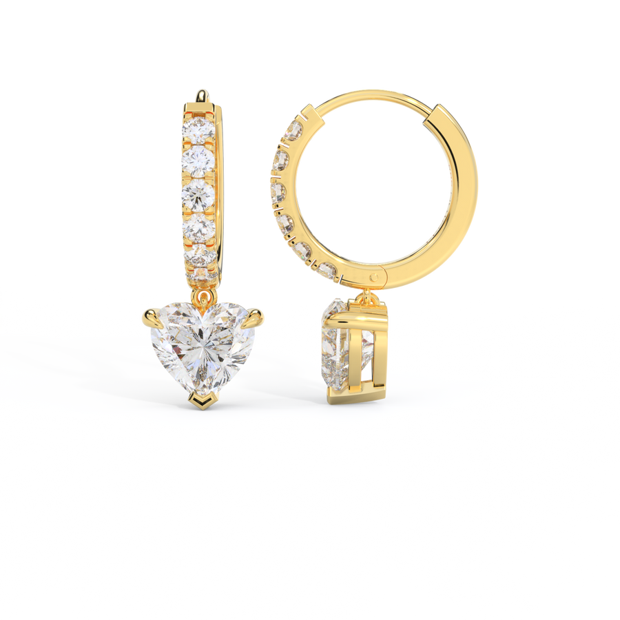 14k Solitaire Drop Earrings, Heart, Yellow Gold