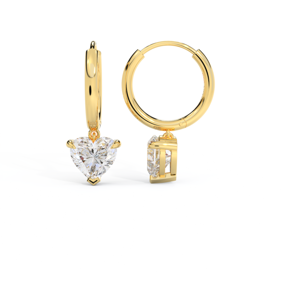 14k Solitaire Drop Earrings, Heart, Yellow Gold