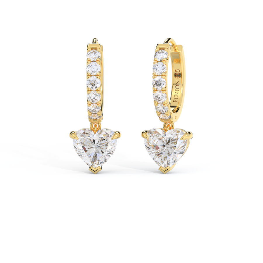 14k Solitaire Drop Earrings, Heart, Yellow Gold